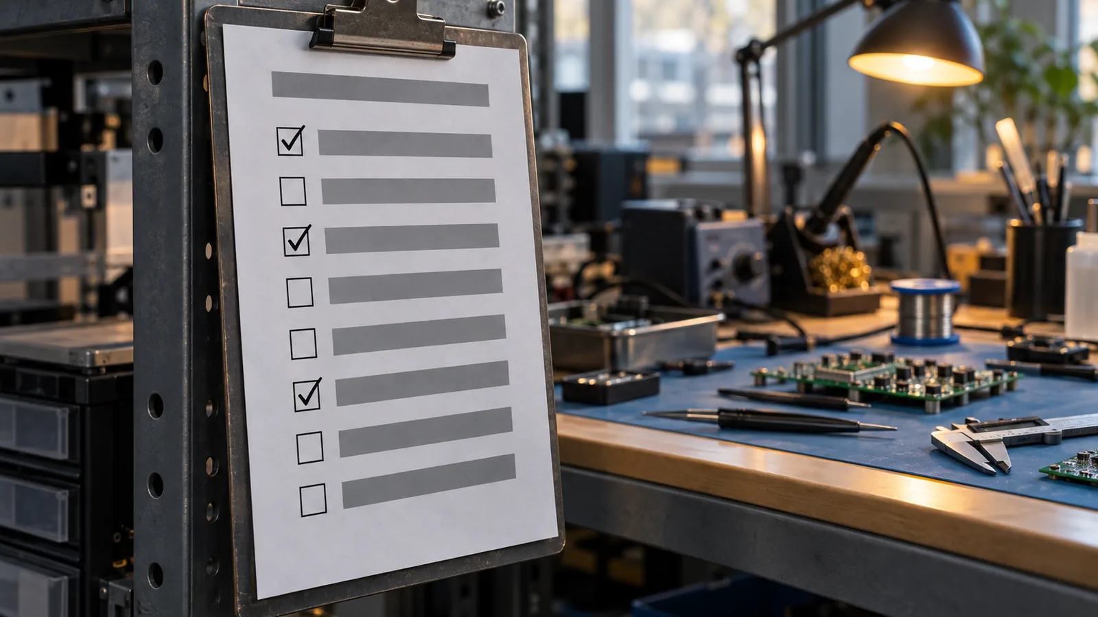 Checklist z ośmioma punktami kontrolnymi przypięty obok stanowiska inżynierskiego